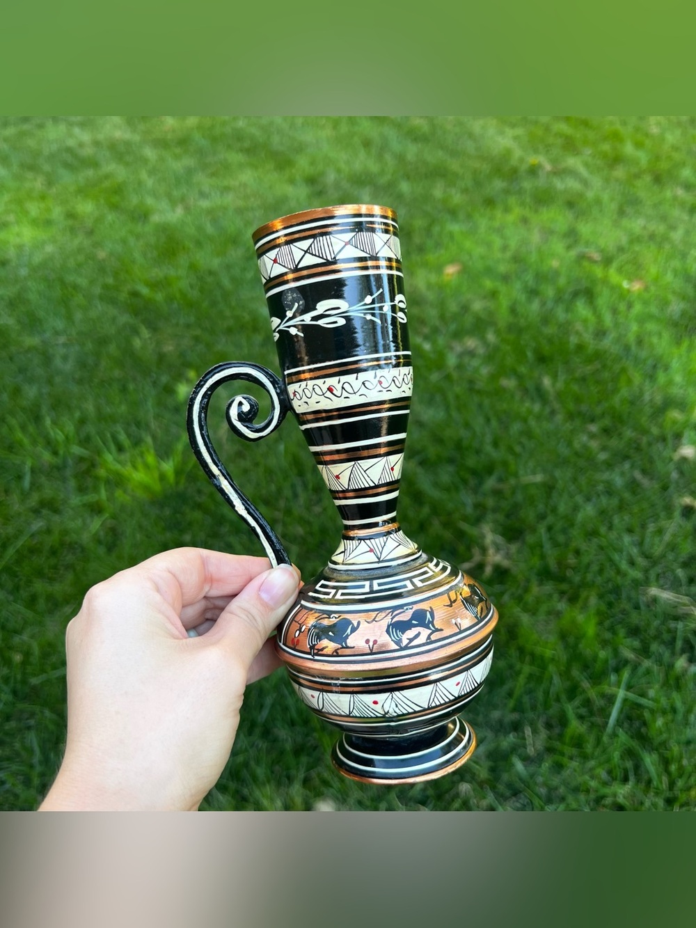 Vintage Hand Painted Copper Vase with Swirl Handle Made in Greece 8" Tall